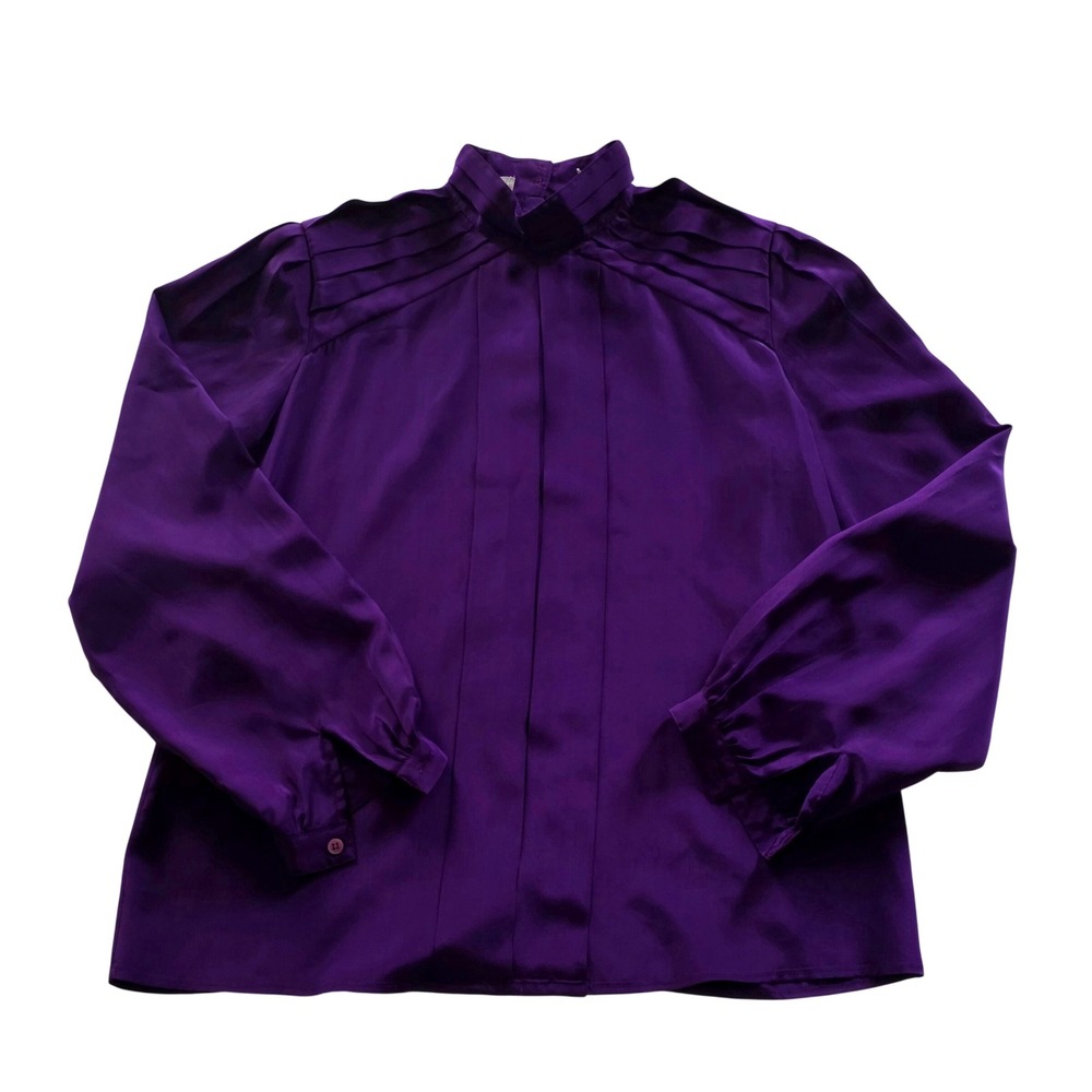 Vintage 80s Lorenzo de Chapell Royal Purple Long-Sleeve Blouse 10 Pleated Top